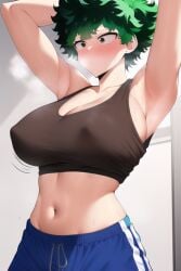 1girls abs ai_generated armpits arms_up belly black_bra black_top blue_shorts blush blush_lines blushing breasts exposed_belly female_deku green_hair gym_clothes gym_uniform interior_scene izuku_midoriya large_breasts looking_away looking_down my_hero_academia nai_diffusion nipple_bulge nipples rule_63 short_hair simple_background sports_bra sports_uniform stable_diffusion steam steaming_body steamy steamy_body steamy_breath sweat sweating