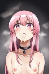 ai_generated black_choker choker collarbone cum_in_mouth cum_on_body cum_on_breasts cum_on_face female long_hair nai_diffusion nipples nude original pink_eyes pink_hair scared shiny_skin side_tails simple_background small_breasts stable_diffusion steam sweat topless