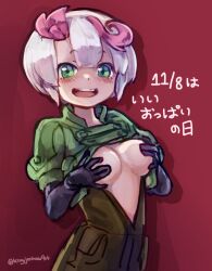 ahoge blush bodysuit breasts_out covered_nipples female female_only gloves green_eyes jumpsuit kingjoshuaart looking_at_viewer made_in_abyss medium_breasts no_bra open_clothes open_jacket open_mouth pink_hair short_hair smile solo tepasté two_tone_hair white_hair