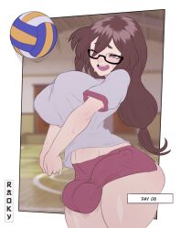 1futa 2022 balls big_balls big_breasts big_penis bloomers blush breasts brown_hair bulge clothed clothing english_text erection erection_under_clothes fully_clothed futa_only futanari glasses hair_between_eyes hiroko_(raoky) human light-skinned_futanari light_skin long_hair no_nut_november original_character penis raoky solo standing text volleyball