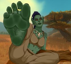 1girls barefoot blizzard_entertainment blue_hair breasts feet feetartist female female_focus female_only fetish foot_fetish foot_focus green_skin legs_up legwear necklace orc orc_female ponytail red_eyes scar sitting soles solo solo_female solo_focus tattoo tattoos toe_ring toes warcraft world_of_warcraft