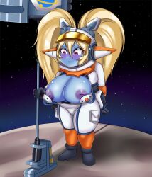 areolae astronaut astronaut_poppy astronauts_series blonde_hair bodysuit breasts female huge_breasts inverted_nipples league_of_legends poppy purple_eyes saeki_makai shortstack smaller_female solo standing twintails wide_hips yordle