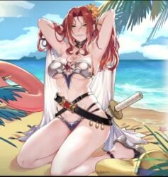 1girls armpits arms_behind_head bitch_(shield_hero) black_belt blue_sky cloud curvaceous curvy day daytime facing_viewer female female_only full_body green_eyes hair_flower innertubebeach katana kneeling long_hair looking_at_viewer lowres malty_s_melromarc medium_breasts no_socks non-web_source outdoors platform_heels princess purple_skirt red_hair revealing_clothes sheathed_weapon silver_armor sky smile solo straw_hat tagme tate_no_yuusha_no_nariagari the_rising_of_the_shield_hero underboob wariza