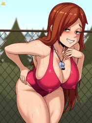 1girls bedroom_eyes blush blushing female freckles gravity_falls hand_on_hip huge_breasts jmg leaning_forward lifeguard looking_at_viewer nipples_visible_through_clothing one-piece_swimsuit outdoors outside red_hair red_head smile smiling solo straight_hair thick_thighs very_long_hair wendy_corduroy wet wide_hips