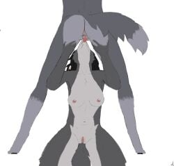 absurd_res anthro black_hair canid canine canis cunnilingus duo esprit feathers female female/female fur genitals grey_body grey_fur grey_tail hair hi_res jensca mammal oral pussy seff_(character) sex sitting spread_pussy spreading standing standing_sex vaginal_penetration wolf