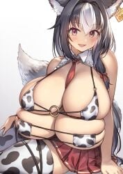 4_breasts animal_ears big_breasts blush breast_squish breasts cleavage cow_girl cow_print cow_print_bikini cow_print_thighhighs cute fluffy_tail fox_girl gougasha_akira grey_hair huge_breasts kitsune kogyuu_buna laying_down milk multi_breast open_mouth red_eyes red_skirt skimpy skirt slightly_chubby smile soft_breasts string_bikini tail thighhighs tiny_bikini two_tone_hair virtual_youtuber white_hair wolf_girl