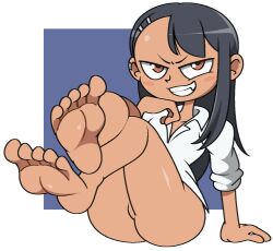 1girls ass big_ass black_hair bottomless brown_eyes clothed clothing earrings feet female female_focus female_only going_commando hayase_nagatoro hi_res long_hair looking_at_viewer no_panties please_don't_bully_me,_nagatoro pose revealing_clothes simple_background smile solo solo_female vilepluff white_background