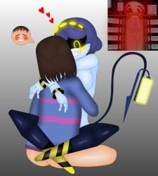 1boy 1girls 2022 brown_hair crossover cum cum_inside female frisk hug hugging human light-skinned_male light_skin magalnik male/female murder_drones purple_hair ray robot robot_girl robot_humanoid self_upload sex sitting smile smiling smiling_at_partner tagme tail undertale undertale_(series) v_(murder_drones) yellow_eyes