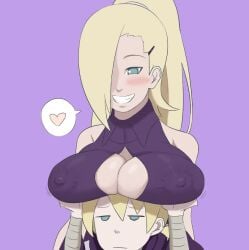 1boy 1girls age_difference annoyed blonde_hair blush boruto:_naruto_next_generations breast_on_head breast_press breast_squeeze breasts breasts_on_head cleavage earrings eeshin_(eishin5584) female green_eyes hair_over_one_eye holding human incest ino_yamanaka jewelry large_areolae large_breasts male mature_female milf mother_and_son naruto naruto_(series) nipples nipples_visible_through_clothes ponytail smile teasing yamanaka_inojin