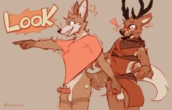 2022 anthro antlers balls biped blush bottomless bottomless_anthro bottomless_male brown_body brown_fur canid canine canis cantio_(lawyerdog) cervid clothed clothing coyote digital_media_(artwork) duo english_text erection exclamation_point fur genitals gesture horn humanoid_genitalia humanoid_penis lawyerdog letterbox male male/male mammal multicolored_body multicolored_fur open_mouth open_smile panko_(lawyerdog) penis penis_grab pointing poncho poncho_only smile speech_bubble surprised_expression text two_tone_body two_tone_fur white_body white_fur