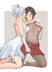 2girls amanda_kenny blush dress female female_only female_protagonist fingering fingering_in_dress fingering_partner fingering_under_skirt gentle_femdom lingerie long_hair multiple_girls nipple_piercing pierced_nipples piercing piercings pleated_skirt red_skirt ruby_rose rwby sex_in_dress sex_in_skirt short_hair skirt sweat weiss_schnee white_dress white_hair yuri