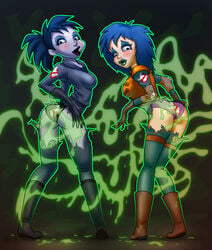 2girls armwear ass ass_grab blue_hair butt extreme_ghostbusters footwear ghostbusters goth handwear human kylie_griffin legwear pale_skin ponytail ripped_clothing slim2k6