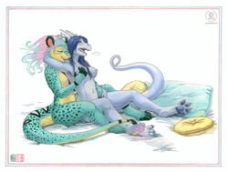 2010 anthro blue_hair blush breast_grab claws dragon feline female fingering fur furry grope hair horns hybrid iggi iggi_eastwind intimate kacey licking lizard long love masturbation on_bed pawpads paws pillow pillows pink_hair scalie sera spines spots sweet tender tongue yuri