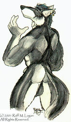 1boy 2001 anthro ass backside balls barazoku big_balls canine closed_eyes ear_piercing earring eyes fur furry jewelry male male_only muscles nude painting piercing pinup pose raff raff_m_logan solo standing tail watercolour werewolf wolf