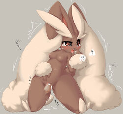 animal_ears artist_request blush breasts bunny_ears crying cum cum_in_pussy cum_inside cum_puddle disembodied_penis drool female fluffy highres human japanese_text kneeling long_ear lopunny male nipples open_mouth penis pokemon pokemon_(species) pokemorph pokephilia pussy rabbit_ears red_eyes saliva sex straight tail tear teeth tongue_out trembling