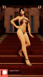 3d alternate_version_available artist_name black_hair blender candle candles carpet high_heels jill_valentine jill_valentine_(julia_voth) one-piece_swimsuit patreon patreon_logo resident_evil resident_evil_remake sling_bikini staircase stairs swimsuit vendettagirls