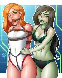 2girls ball_gag black_hair black_hair_female blush blushing bondage cameltoe clothed_female crotch_rope disney disney_channel female female_only femdom femsub gag gagged green_eyes green_eyes_female kim_possible kimberly_ann_possible multiple_girls orange_hair orange_hair_female rope rope_bondage shego sneakattack1221 swimsuit swimwear