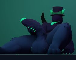 3d 3d_(artwork) anthro anxiboi ateus_(anxiousanxiety) balls bowtie claws freckles furry furry_ears genitals hat hi_res holding_penis magician male male_only monster muscular naked no_eyes penis sharp_teeth sitting solo tagme tail tie tongue tongue_out top_hat veiny_penis