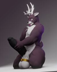 3d 3d_(artwork) anthro antlers anxiousanxiety balls big_penis cock_ring deer ear_piercing furry furry_ears gay genitals gold grabbing grabbing_penis hi_res hooves horny huge_cock in_heat male male_only muscular on_knees pecs penis pent_up piercing purple_eyes reno_(anxiousanxiety) tagme tongue tongue_out