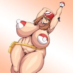 1girls armpits armwear big_breasts blue_eyes breasts brown_hair erect_nipples female female_only game_freak hair hand_up headband huge_breasts may_(pokemon) naked naked_female nude nude_female pasties poke_ball_pasties pokeball pokemon pokemon_rse ponkotsuu solo solo_female thick_thighs thighs venus_body