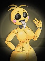 animatronic belly belly_button big_breasts big_breasts big_breasts black_sclera breasts breasts breasts chicken eyelids female female_focus female_only five_nights_at_freddy's five_nights_at_freddy's_2 flashlight fnaf gravity_breaker hand_on_hip joints long_tongue looking_at_viewer massive_thighs metal metal_body metal_tongue midriff open_mouth orange_nipples peace_sign pink_cheeks pussy robot saliva saliva_on_tongue sharp_teeth suggestive suggestive_gesture suggestive_look thick_thighs thighs tongue tongue_out toy_chica_(fnaf) vagina white_pupils yellow_body yellow_skin