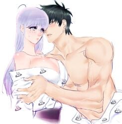 1boy 1girls alternate_costume bare_shoulders big_breasts blush cleavage colored_sketch crack_pairing embarrassed female gintama glasses_removed hijikata_toshiro kimono lavender_hair long_hair male marupo mole_under_eye muscular_male nervous off_shoulder open_kimono purple_eyes purple_hair sarutobi_ayame shy straight sweatdrop topless_male upper_body