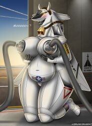 a_drunk_dragon aeromorph aircraft big_breasts cow_horns cowbell fuel hangar holding_breast lactation living_aircraft living_machine milking_machine suction_cup thick_thighs xb-70_valkyrie