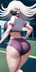 ai_generated ass bubble_butt covered_eyes danganronpa danganronpa_3 grey_hair gym gym_uniform hand_on_hip huge_ass kimura_seiko large_breasts looking_at_viewer looking_back mask midriff n.c.b_ai nai_diffusion purple_eyes shorts stable_diffusion thick_thighs thighs