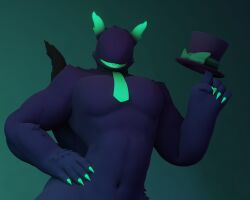 3d 3d_(artwork) anthro anxiboi ateus_(anxiousanxiety) bowtie claws freckles furry furry_ears hat hi_res holding_hat magician male male_only monster muscular naked no_eyes sharp_teeth smile smiling solo tagme tail tie top_hat