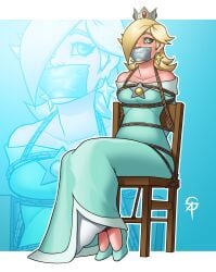 bondage captured captured_heroine chair_bondage female fully_clothed gag gagged mario_(series) nintendo princess_rosalina rope_bondage sneakattack1221 tape_gag