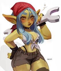 1girls absurd_res bandana blue_hair blush female female_only goblin goblin_female green-skinned_female green_skin hand_on_hip heart_tattoo long_hair looking_at_viewer maewix1 orange_eyes pointy_ears rissma_(maewix1) sharp_fingernails shortstack sketch smirk solo tattoo tattoo_under_eye thick_thighs white_background wide_hips wrench