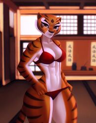 1girls 2022 2d abs anthro aozee athletic athletic_female black_nose black_pupils bra breasts digital_media_(artwork) dreamworks feline furry furry_female furry_only inside kung_fu_panda looking_at_viewer mammal master_tigress orange_body orange_eyes panties pulling_down_panties red_bra red_panties standing striped_body tagme tail thick_thighs tiger white_body white_sclera