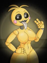 alternate_eyes animatronic belly belly_button big_breasts black_sclera breasts chicken eyelids female female_focus female_only five_nights_at_freddy's five_nights_at_freddy's_2 flashlight fnaf gravity_breaker hand_on_hip heart-shaped_pupils joints long_tongue looking_at_viewer lovetaste_chica massive_thighs metal metal_body metal_tongue midriff open_mouth orange_nipples peace_sign pink_cheeks pussy robot saliva saliva_on_tongue sharp_teeth suggestive suggestive_gesture suggestive_look thick_thighs thighs thunder_thighs tongue tongue_out toy_chica_(fnaf) toy_chica_(love_taste) vagina white_pupils yellow_body yellow_skin