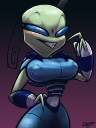 alien antennae blue_dress blue_eyes breasts ebvert green_skin grinning invader_zim irken large_breasts large_nipples nipple_bulge tallest_miyuki