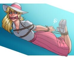 1girls alternate_costume blonde_hair blue_eyes bondage captured captured_heroine clothed female gag gagged hogtie long_hair mario_(series) nintendo princess_peach rope_bondage sneakattack1221 solo super_mario_odyssey