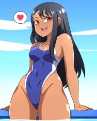 1girls abysswatchers alternate_breast_size black_hair breasts brown_eyes clothed clothing competition_swimsuit female female_only hayase_nagatoro heart hi_res long_hair medium_breasts one-piece_swimsuit outdoors please_don't_bully_me,_nagatoro pool revealing_clothes smile solo swimsuit tan tan-skinned_female tanned_skin thick_thighs thighs