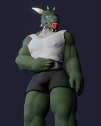 3d 3d_(artwork) anthro anxiousanxiety argonian balls bethesda_softworks blue_eyes bulge claws clothed clothing eyes_half_open foreskin furry furry_ears gay genitals green_skin hand_on_chest hi_res horn horns male male_only muscular penis reptile scar skyrim solo spikes tagme tail tank_top the_elder_scrolls tongue tongue_out underwear