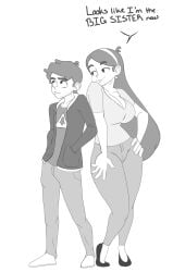 1boy 1girls aged_up big_breasts breasts brother_and_sister busty cleavage clothed clothing dipper_pines disney disney_channel disney_xd earrings english_text eyebrows_visible_through_hair female flats gravity_falls hourglass_figure human human_only jacket klassyarts_(artist) long_hair mabel_pines male monochrome non-nude pants shirt shoes siblings straight_hair teasing text tongue tongue_out white_background wholesome wide_hips