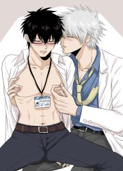 2boys alternate_costume bare_chest black_hair blush class_3-z gay gintama gintoki_sakata glasses hijikata_toshiro id_card labcoat lanyard looking_pleasured male male_only nipple_pinch nipple_play nipple_tweak official_alternate_costume open_shirt sitting_on_lap spread_legs teacher uchio55 unprofessional_behavior white_hair yaoi