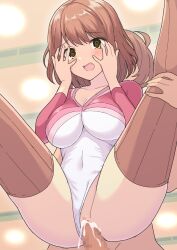 1boy @_@ adjusting_clothes adjusting_leotard breasts brown_hair cum cum_in_pussy female girlfriend_(kari) highres leotard open_mouth penis pussy sex shiina_kokomi straight yellow_eyes