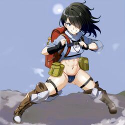 1girls abs ai_generated backpack black_hair cameltoe female female_only fighting_stance gloves hair_over_one_eye original pale-skinned_female small_breasts solo stable_diffusion tampon tampon_string thong tomboy