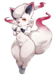 1girls anthro chubby fox fox_girl furry game_freak hisuian_zorua massive_thighs nintendo paws_on_breasts pear-shaped_figure pear_shaped pear_shaped_female pokémon_(species) pokemon pokemon_legends:_arceus red_fur short_female shortstack small_breasts thick_thighs torushitakara white_fur wide_hips yellow_eyes