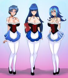 3girls ami_mizuno bishoujo_senshi_sailor_moon blue_eyes blue_hair cleavage clothing collar crossover female female_only huge_breasts hypnosis kamishiro_rio kayura lady_kayura large_breasts light-skinned_female long_hair maid maid_uniform multiple_girls pale-skinned_female red_eyes rio_kamishiro ronin_warriors sailor_mercury shinzu031 smile smooth_skin white_legwear yoroiden_samurai_troopers yu-gi-oh! yu-gi-oh!_zexal