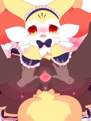 anthro anus black_body blush braixen disembodied_hand duo female generation_6_pokemon genitals hi_res looking_at_viewer nintendo pokémon_(species) pokemon pokemon_(species) pussy red_eyes spread_legs spread_pussy spreading sumichisuu video_games yellow_body