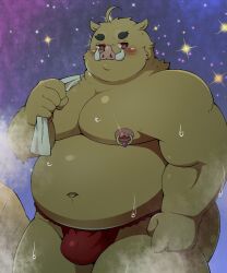 <3_eyes 2022 5:6 anthro asian_clothing belly big_belly blush bodily_fluids bulge clothing east_asian_clothing fundoshi heart hi_res humanoid_hands japanese_clothing kemono male mammal moobs navel nipples overweight overweight_male pomupomu490 red_clothing red_fundoshi red_underwear solo steam suid suina sus_(pig) sweat towel towel_on_shoulder underwear wild_boar