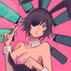 and_kiss_them_too black_hair breasts bunny_ears bunnysuit chainsaw_man cigarette cleavage conditional_dnp condom eye_patch female himeno_(chainsaw_man) himeno_sexy_barf_gaming himmycord_discord_invite i_want_to_lick_liowigs_feet i_want_to_smell_liowigs_feet large_breasts liowig looking_at_viewer shounen_jump smoking sweat thats_gross_bro_why_would_you_say_that