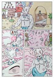 2022 absurd_res action_scene anthro athletic athletic_anthro athletic_male bandana blue_eyes blush blush_lines bodily_fluids bulge carpet clothing comic comic_panel confuse confusion dashthefox detailed_background dialogue dialogue_box erection fluffy fluffy_ears fur half-closed_eyes hi_res horny hypnosis kerchief lagomorph leporid long_ears looking_surprised magic male mammal market medieval medieval_fantasy mind_control motion_lines muscular musical_note narrowed_eyes onomatopoeia panazel_maria panicking pawpads pecs pink_eyes pink_nose plant poof_effect rabbit rabbit_ears scarf scut_tail short_tail smoke solo sound_effects spell spiral_eyes spiral_pupils surprise surprised_expression sweat sweatdrop swimwear tenting text towel towel_on_shoulder town traditional_media_(artwork) trick tricked underwear vase white_body white_fur wide_eyed