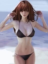 04idontexist 1girls beach bikini black_bikini breasts brown_eyes brown_hair chainsaw_man eyelashes hair_down large_breasts long_hair makima_(chainsaw_man) navel red_hair solo_female swimsuit water yellow_eyes