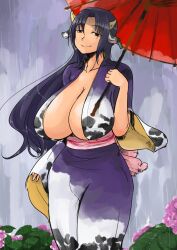 1girls cleavage cow_ears cow_girl east_asian_clothing female gigantic_breasts horns kimono outside raining solo umbrella yuuki_yuma