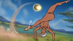 african_female athletic_female bad_id big_butt breasts capcom dark-skinned_female dark_skin ear_piercing elena_(street_fighter) handstand looking_at_viewer matcreatesstuff nipples nude outside piercing princess pubic_hair pussy royalty savanna short_hair smile smiling smiling_at_viewer solar_eclipse solo solo_female street_fighter thick_thighs toned upside-down white_hair